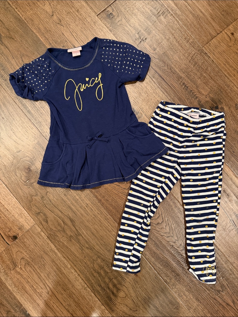 Juicy Couture Navy Peplum Top & Striped Leggings Set with Gold glitter Details
